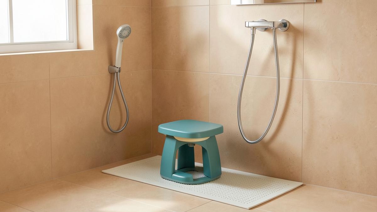Shower stool on a non-slip mat beside a handheld shower head in a senior-friendly bathroom