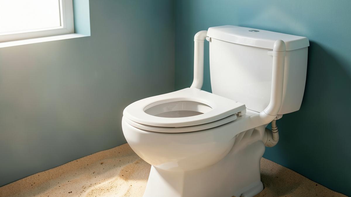 Raised toilet seat with support handles installed on a toilet in a bright bathroom