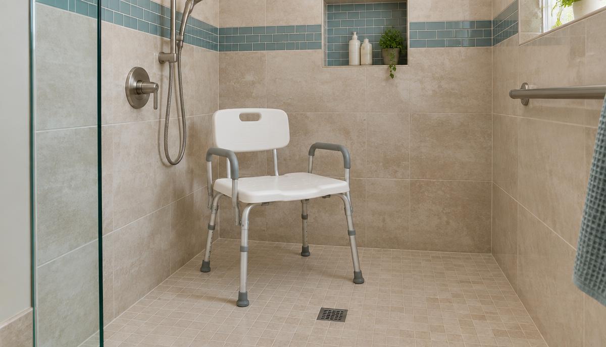 Adjustable shower chair with backrest and armrests inside a tiled walk-in shower