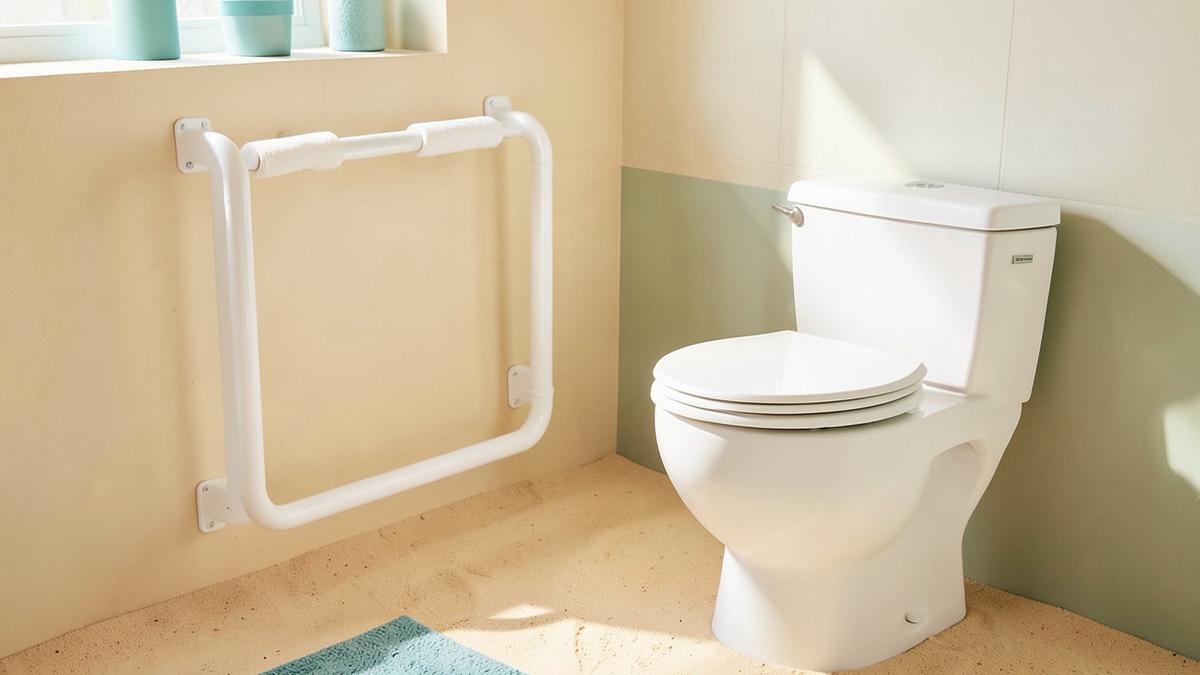 Free-standing toilet safety rail frame with padded armrests beside a toilet