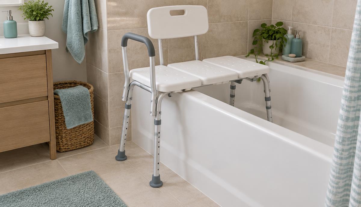 Tub transfer bench straddling the edge of a bathtub in a tiled bathroom